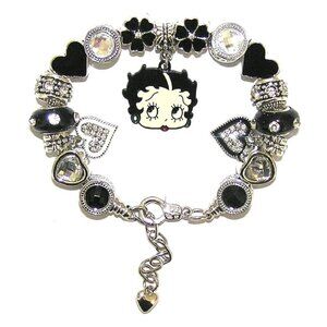 Betty Boop Bracelet, Black & White With European Beads, Charms, Hearts, Crystals